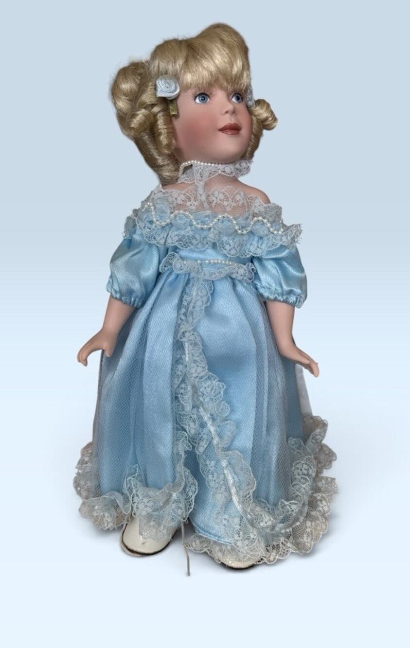 Vintage Porcelain Doll Blonde Curly Hair Blue Dress Lace White Shoes